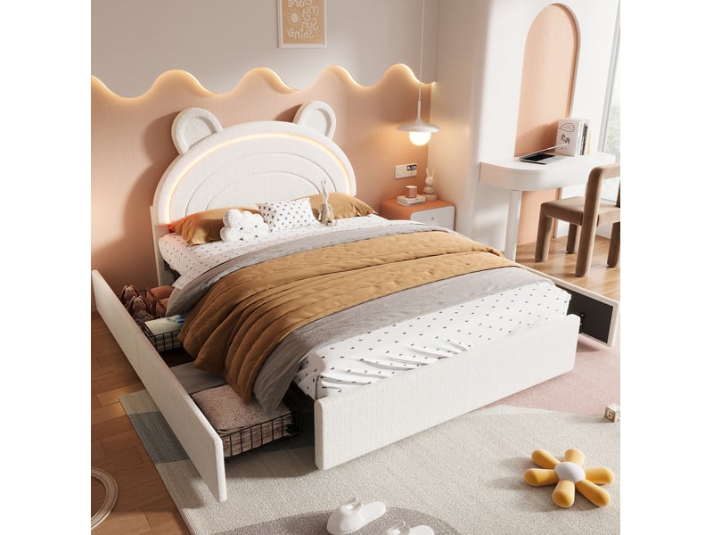 Lit enfant 140x200 cm lit rembourré, 4 tiroirs et led pilotée par application, beige, sans matelas - Conforama W