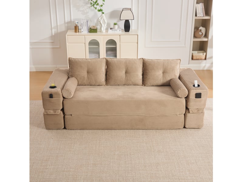 Canapé droit convertible 3 places en velours côtelé beige, avec poches, porte-gobelets et coussins mémoire - Conforama E