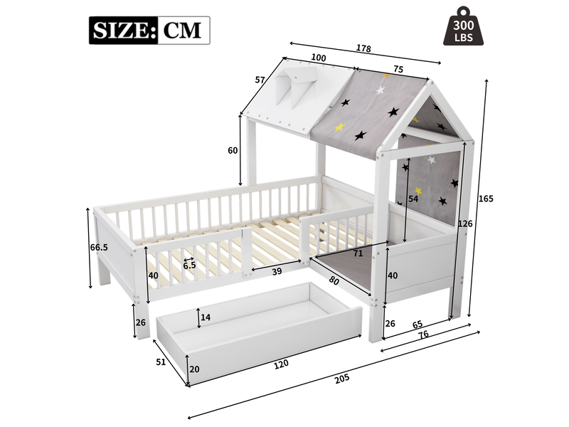 Lit enfant cabane 90x200 cm avec sommier et tiroirs en bois massif blanc chicfurn - Conforama C