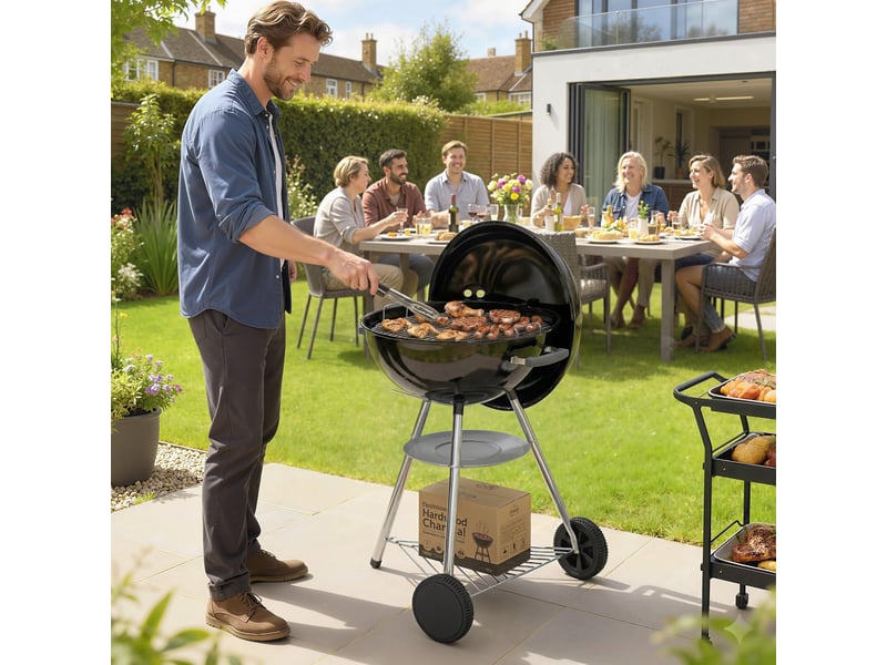  Barbecue au charbon rond avec thermomètre et étagère inférieure, en métal et acier inoxydable, 73x65x105 cm, noir  - Conforama C