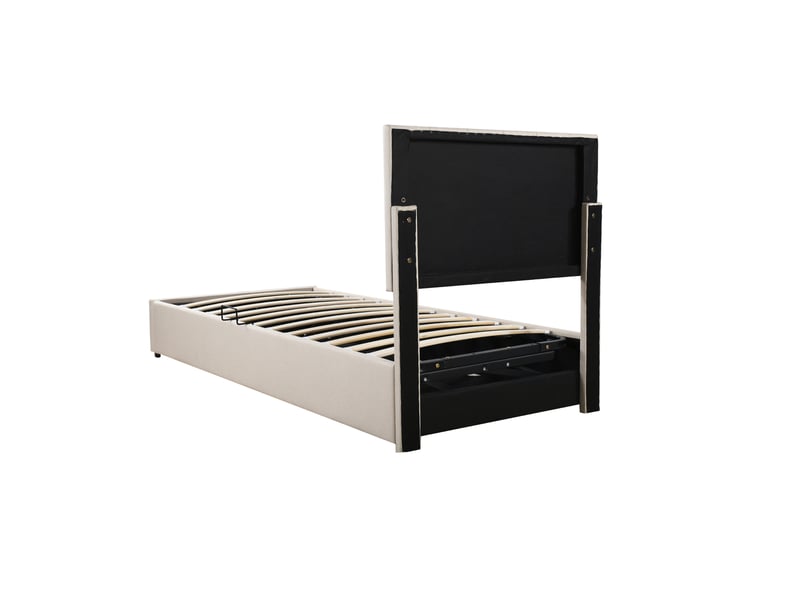  Lit adulte et enfant 90x200cm, lit simple, lit coffre, sommier et tête de lit réglable incluse, lin beige, sans matelas  - Conforama D