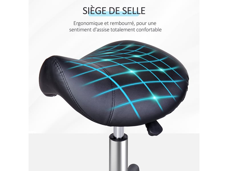  Tabouret à roulettes, tabouret de massage avec hauteur réglable 43-55 cm et selle ergonomique, chaise de travail à roulettes pivotant 360°, pour salon de massage, tatouage, clinique, noir, spa  - Conforama R