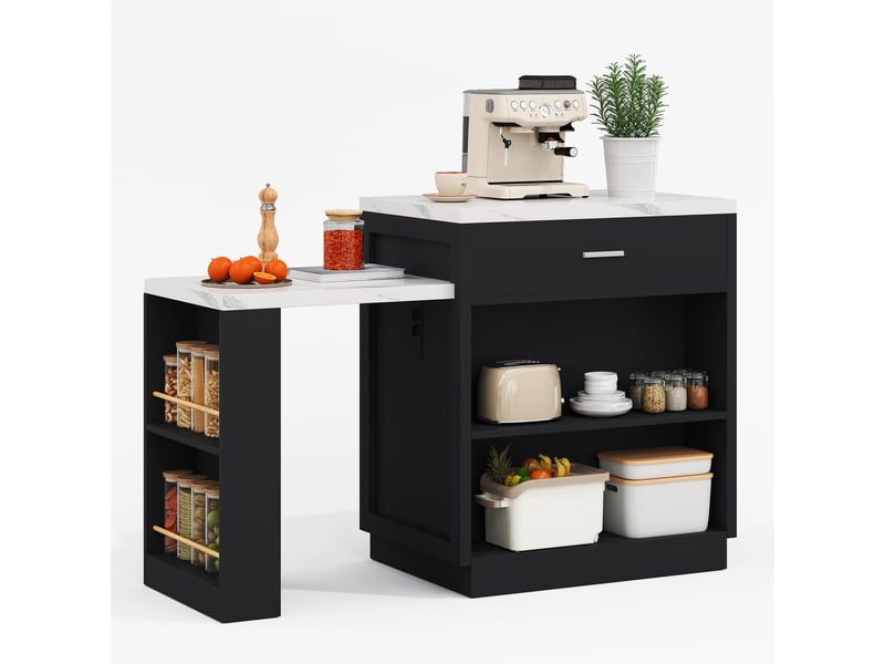 Îlot de cuisine avec table extensible pour 4 à 6 personnes, noir et effet marbre, prises électriques, rangement - Conforama A