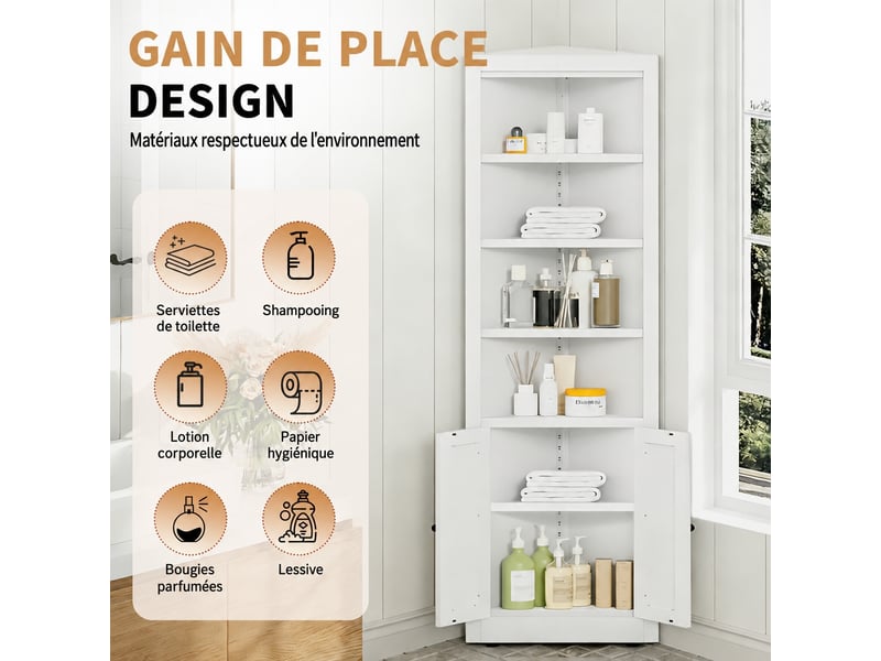  Armoire d’angle blanche en métal, 2 portes et 5 niveaux, 52 x 26,5 x 180 cm  - Conforama D