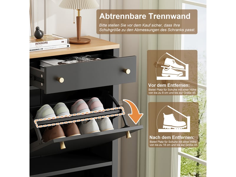  Petit meuble à chaussures 50x25x95 cm, design plat pour couloir étroit, 1 tiroir et 2 portes abattantes, capacité ajustable, idéal petits espaces, mdf noir  - Conforama D
