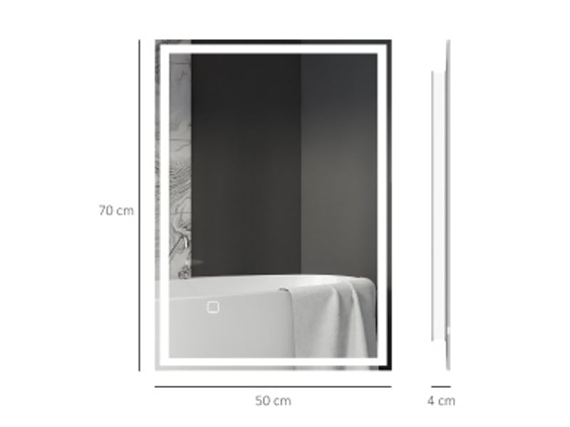  Miroir lumineux de salle de bain à led avec interrupteur tactile, pose réversible, en verre argenté 50 × 70 cm  - Conforama D