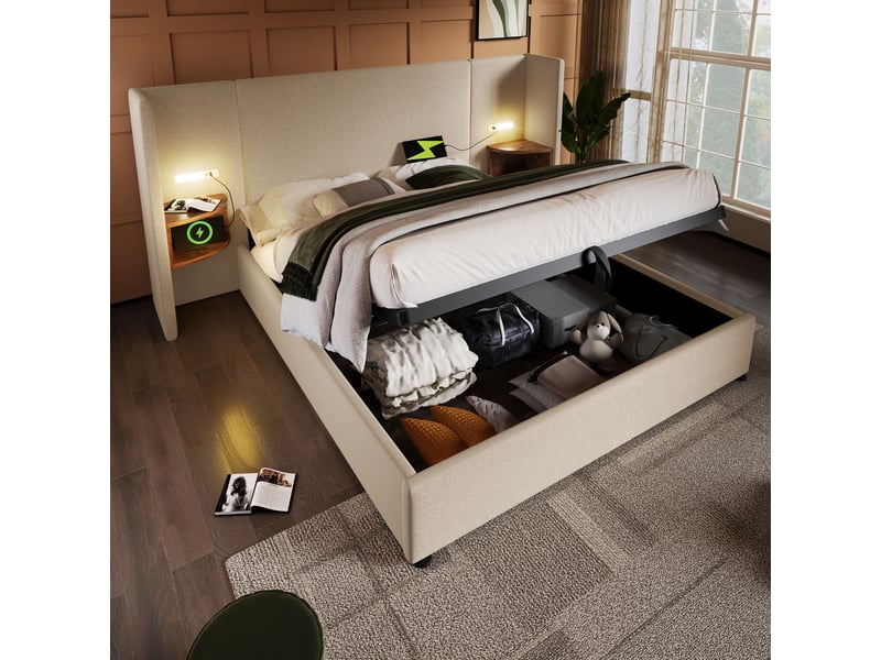 Lit double 160x200 cm avec coffre de rangement, tête de lit étagère, liseuse led et ports usbtype-c, tissu lin beige - Conforama D