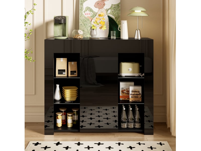 Buffet 95x35x83 cm, armoire de rangement, étagères en verre, aggloméré noir, meuble salon et cuisine, moderne, design  - Conforama B