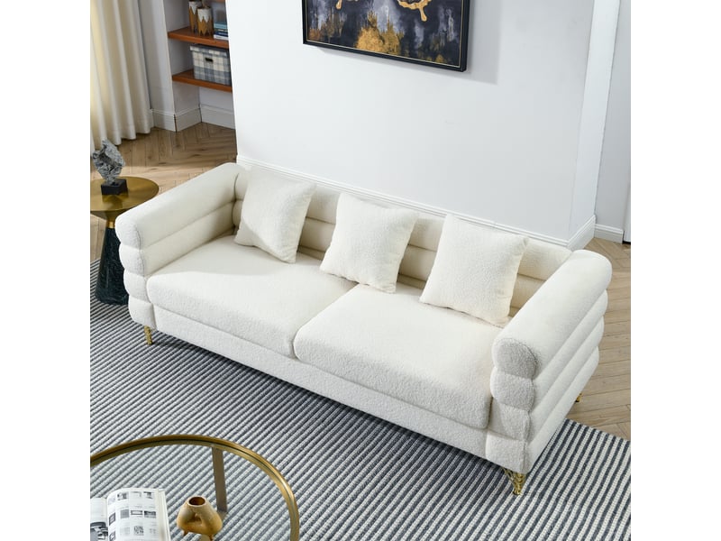  Canapé 3 places style nuage en tissu teddy blanc, dossier et accoudoirs ondulés, pieds métal doré, assise mousse et ressorts, coussins inclus  - Conforama B