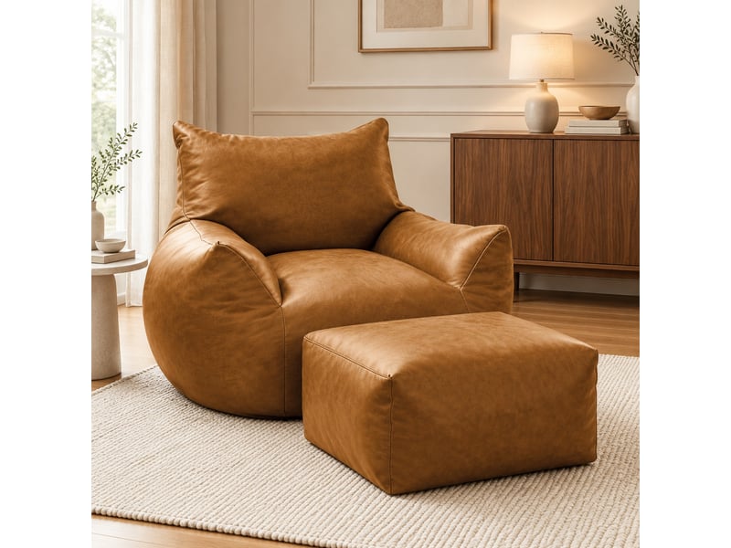 Fauteuil pouf avec repose-pieds, dossier ergonomique et base antidérapante en tissu technique marron - Conforama B