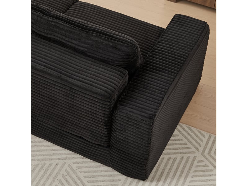  Canapé droit convertible 2 places en velours côtelé noir avec pouf amovible et 2 coussins, modulable au salon  - Conforama E