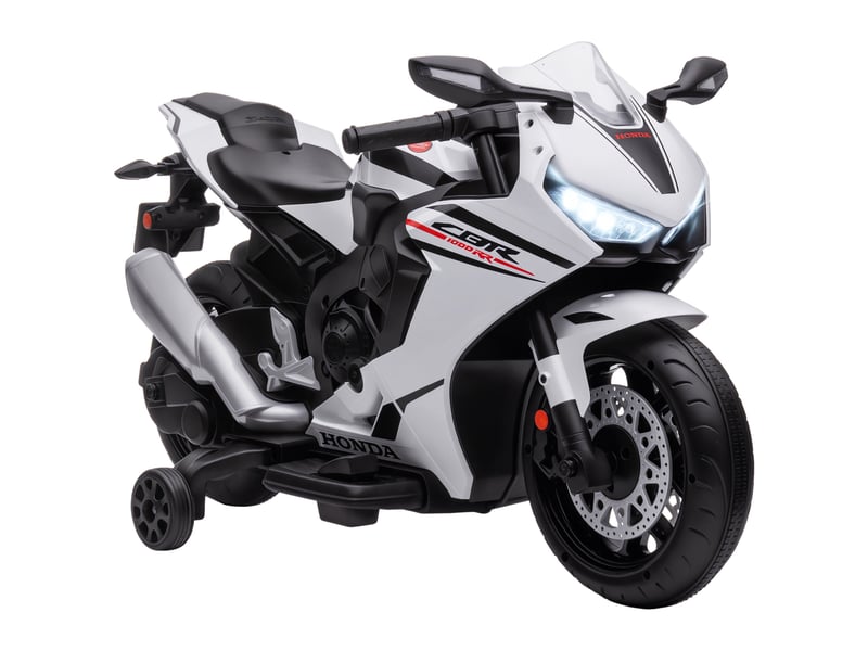 Moto électrique enfants sous licence honda 6 v, 3 kmh, musique & lumière, 2 roues d'entraînement, blanc - Conforama A