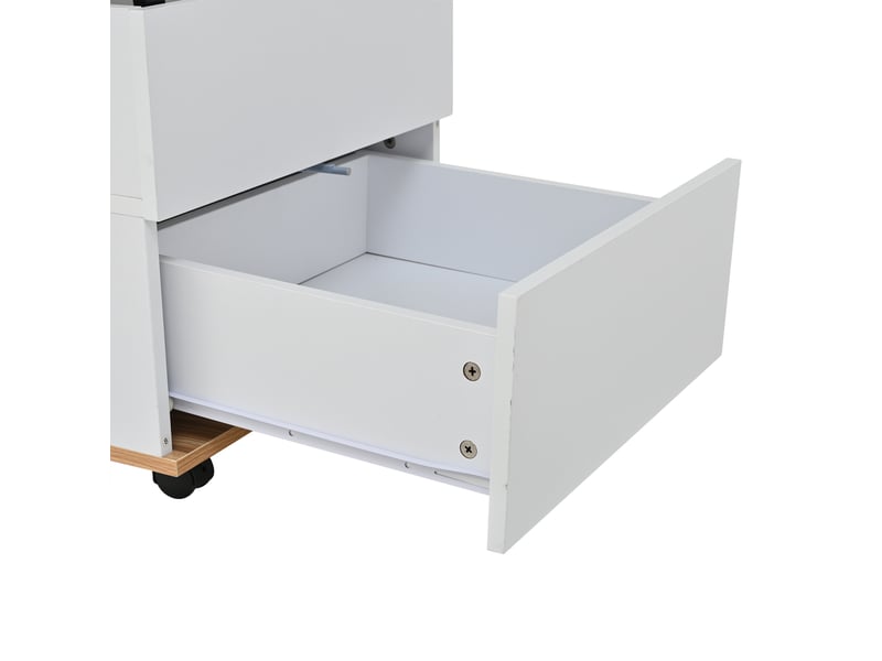  Table basse relevable 100x98x65 cm avec tiroir, portes et roulettes, panneau de particules, blanc et bois naturel  - Conforama R