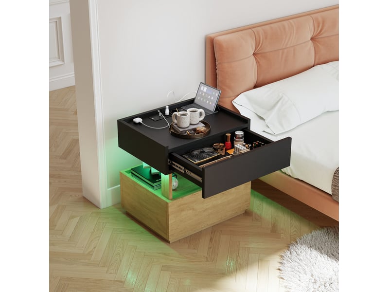  Table de chevet avec charge sans fil, led, usb et 2 tiroirs 50x40x50 cm noir naturel  - Conforama W