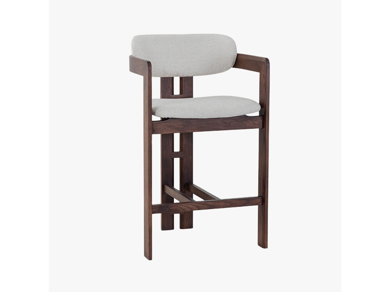  Tabouret en tissu beige pieds en chêne massif foncé  - Conforama B