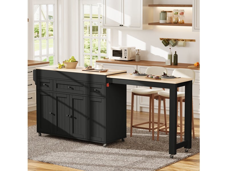  Îlot de cuisine mobile extensible, rangement aux épices, 3 tiroirs, mdf, noir et naturel  - Conforama E