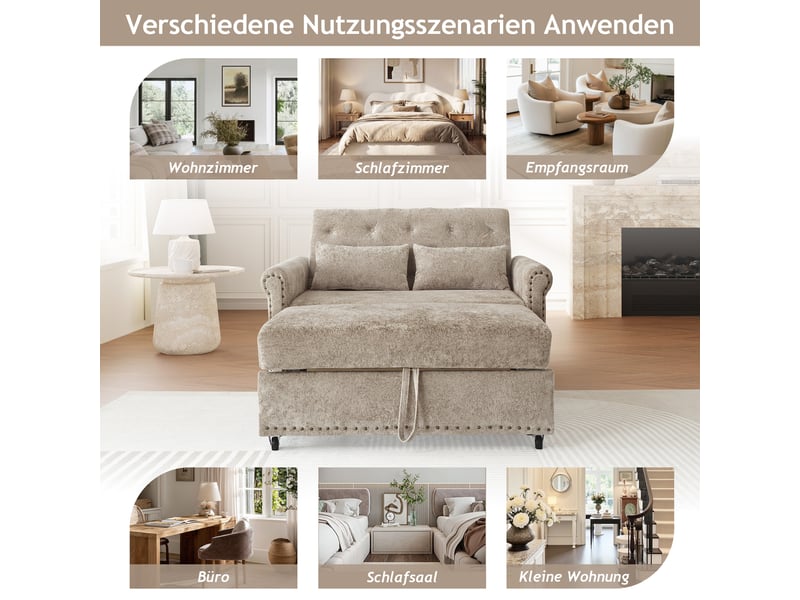  Canapé-lit convertible 3-en-1 2 places 120x80x82 cm avec couchage 170x98 cm, dossier réglable 3 positions, 2 coussins, chenille gris brun  - Conforama E