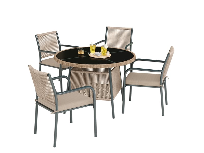  Salon de jardin 5 pièces 110x110 cm – gris – table ronde en verre trempé et 4 fauteuils avec coussins  - Conforama A