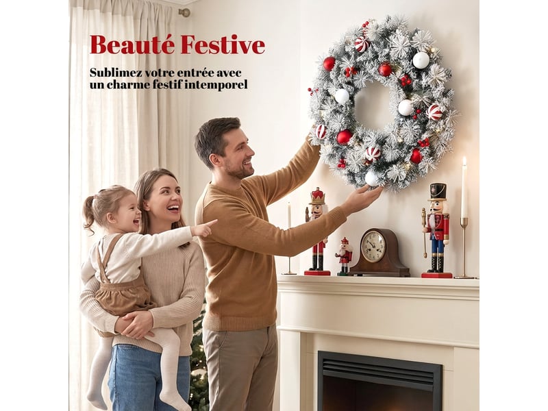  Couronne de noël lumineuse 60 cm enneigée floquée avec 50 led, 15 boules décoratives, 8 modes, 140 branches, vert  - Conforama A