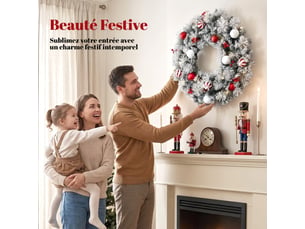 Couronne de noël lumineuse 60 cm enneigée floquée avec 50 led, 15 boules décoratives, 8 modes, 140 branches, vert