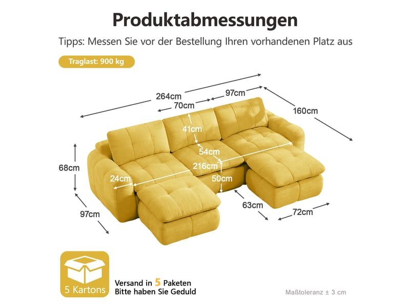  Canapé modulable en u 3 places avec 2 ottomans, en chenille jaune  - Conforama C