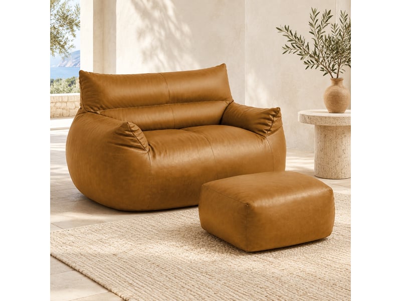  Fauteuil pouf avec repose-pieds, soutien ergonomique et base antidérapante, en tissu technique marron  - Conforama B