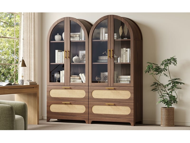  Vitrine 175 x 80 x 40 cm arche montmartre x2 2 tiroirs étagères réglables design rétro noyer bibliothèque  - Conforama E