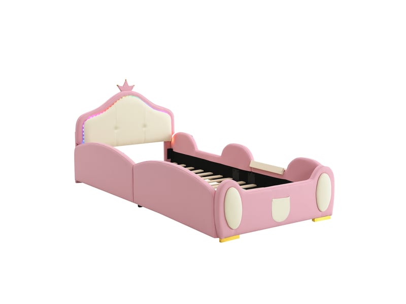 Lit simple pour enfant 90 x 200 cm, avec bande lumineuse led à plusieurs modes, équipé d'un petit toboggan et d'un escalier, en pu, rose + beige - Conforama R