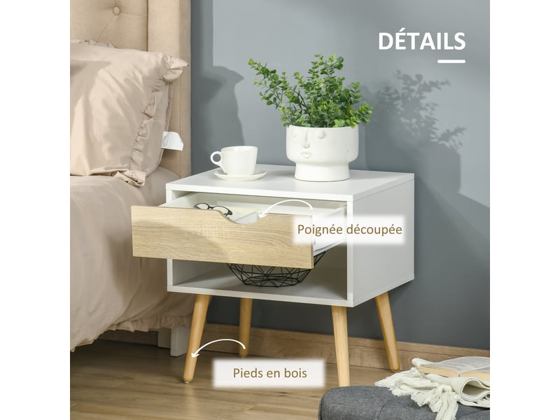  Table de chevet compacte 50 x 39 x 51 cm avec tiroir et niche scandinave minimaliste en panneau de particules blanc 21_0001465  - Conforama D