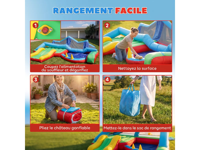 Château gonflable 4 en 1, aire de jeux avec souffleur, toboggan, piscine à balles, jeu de lancer d'anneaux, multicolore - Conforama W