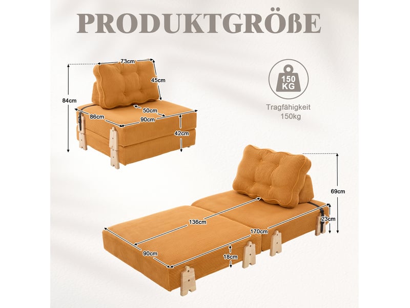Fauteuil convertible en lit avec dossier rembourré pour petits espaces, en velours côtelé orange - Conforama D