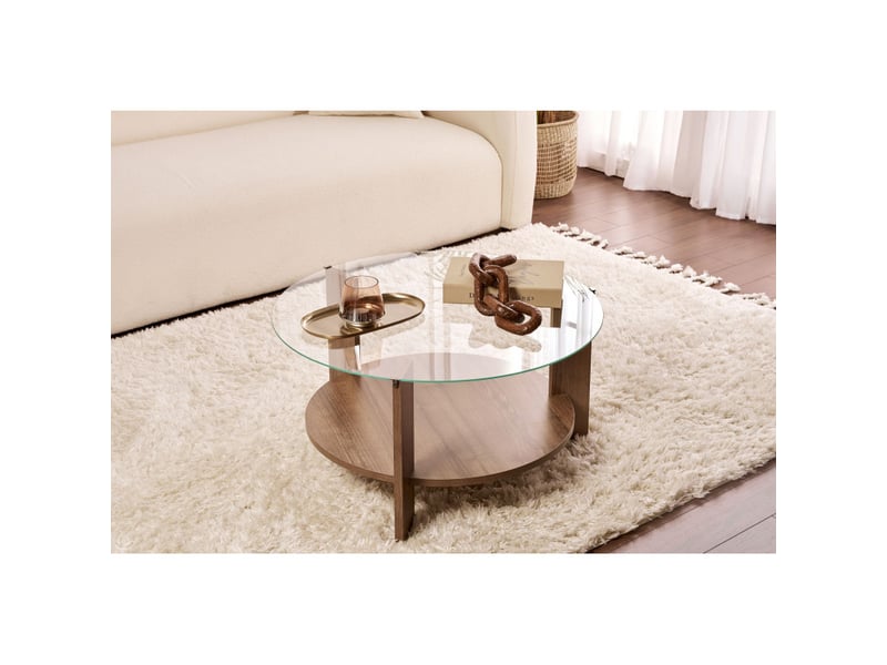 Table basse de salon en verre trempé et bois mdf mélaminé noyer et transparent 75 x 75 x 40 cm - Conforama B