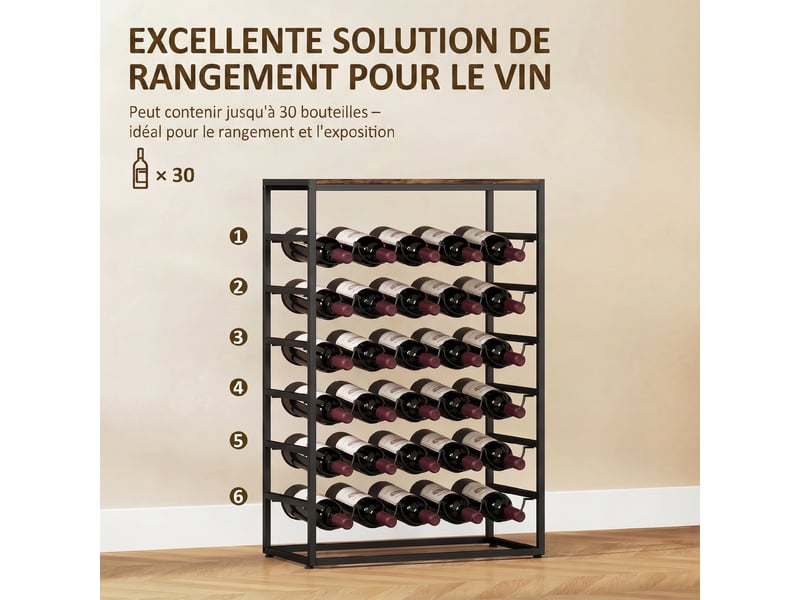  Casier à bouteilles pour 30 bouteilles, étagère à vin avec 6 niveaux, style industriel, brun rustique, 59x30x88,5cm  - Conforama A
