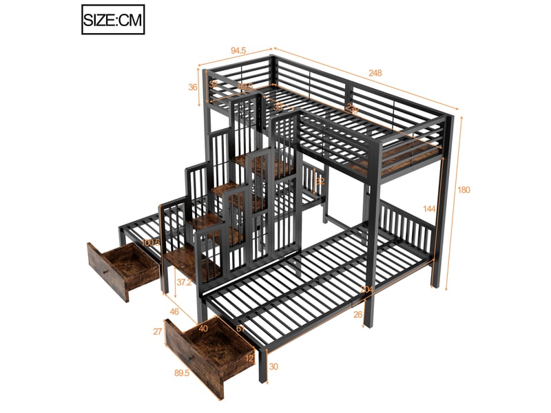  Lit superposé 90 × 200 cm 3 places avec escalier, barrières et 2 tiroirs, sans matelas, métal et bois noir  - Conforama D