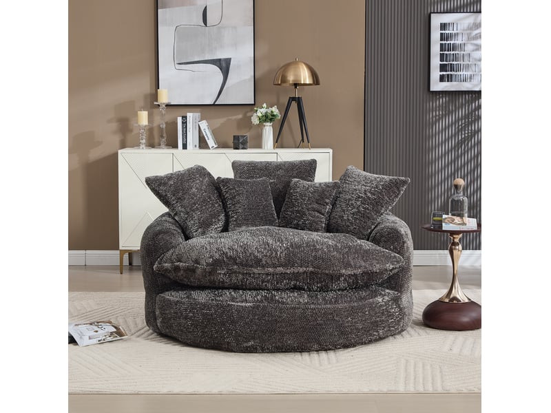 Fauteuil rond surdimensionné 138x190.5x63 cm, dossier large, coussins inclus, mousse dense, polyester, gris - Conforama B