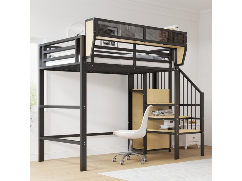  Lit mezzanine 90x200cm - lit single en métal avec espace de rangement, led rgb, hampe de penderie et tiroir en tissu - noir  - Conforama B