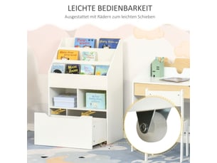 Bibliothèque enfant blanche, tiroir, 3 étagères et 2 niches ouvertes, rangement, 60x29,9x90 cm