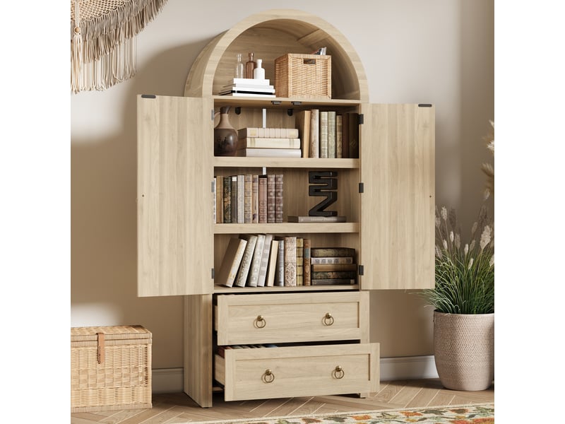  Armoire de rangement 80x40x180 cm avec portes en cannage rotin, style arqué, 2 tiroirs et étagères, buffet haut - aspect chêne  - Conforama D