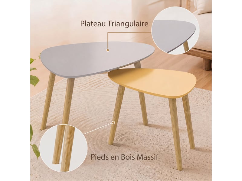  Lot de 2 tables basses gigognes design pieds scandinave en bois et plateau en bois, gris et jaune  - Conforama E