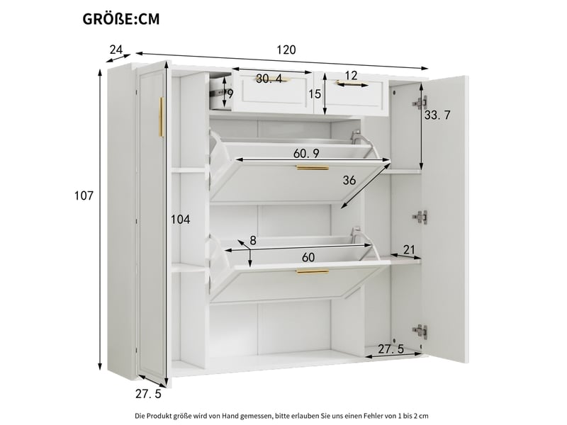  Meuble à chaussures ulevr à abattants, 120 x 24 x 107 cm, 2 tiroirs, étagères réglables, blanc  - Conforama C