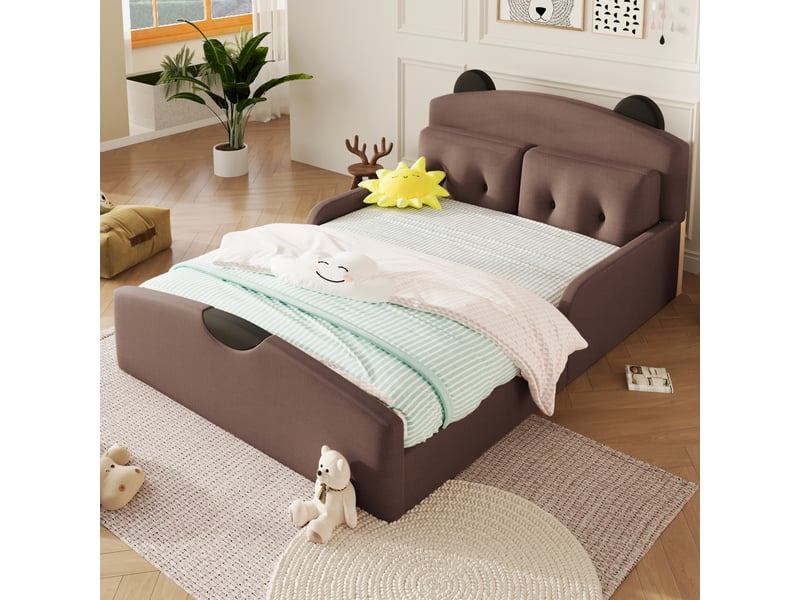  Lit plateforme enfant avec tête de lit rembourrée en forme d'ours, tissu en lin, 140x200 cm, 2 coussins inclus  - Conforama D