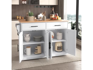 Buffet de cuisine 120x46x91.5cm, meuble de cuisine avec 2 tiroirs, 4 portes, plan de travail extensible, mdf, blanc+naturel