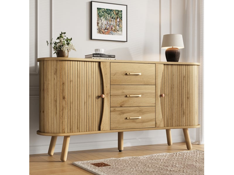 Buffet bas 150x36,5x75 cm, 2 portes coulissantes, 3 tiroirs, mdf et bois, naturel - Conforama E