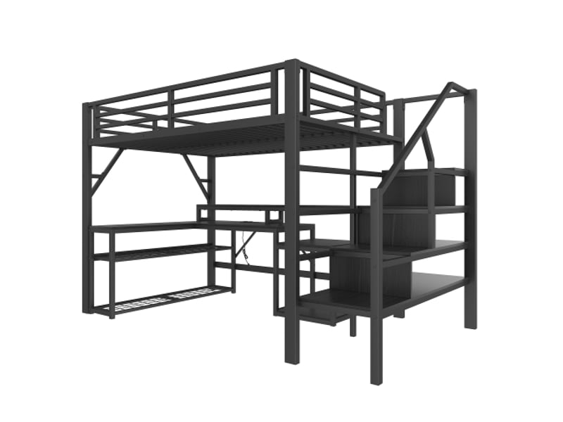 Lit mezzanine métal noir 140x200 cm – bureau intégré, rangement, escalier avec rangement, led, usb - Conforama D