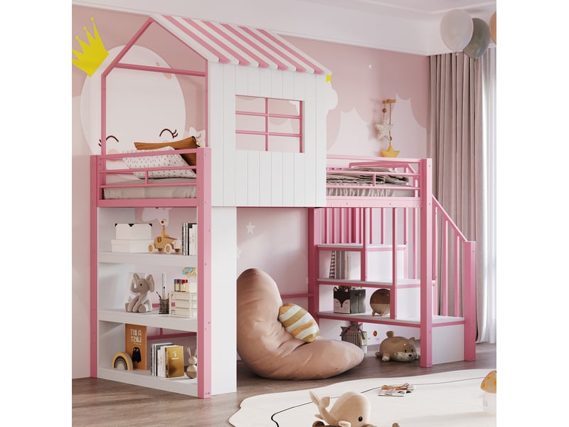  Lit mezzanine enfant 90x200 cm forme maison avec escalier et rangements, rose et blanc  - Conforama B