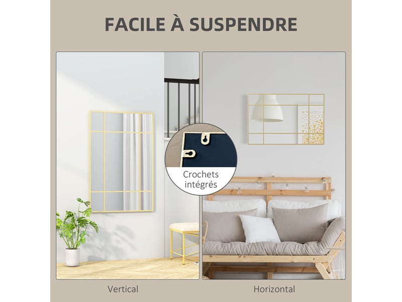 Miroir mural verrière rectangulaire style fenêtre, horizontal ou vertical avec 4 crochets, en métal doré - 90x60 cm  - Conforama E