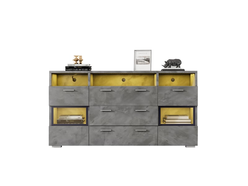  Buffet avec 2 portes 3 tiroirs et 3 niches, led, pour salon, panneaux de particules, gris, 140×33.5×72.5 cm  - Conforama A