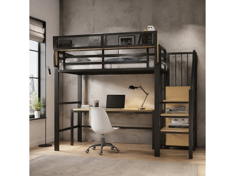  Lit mezzanine 90x200cm, rangements, en mdf+métal, barrières de sécurité, lit enfant, escalier, bois+noir, sans matelas  - Conforama B