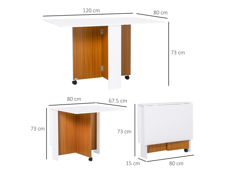 Table de salle à manger pliante mobile avec plateau rabattable et roulettes en contreplaqué blanc décor bois brun - Conforama C