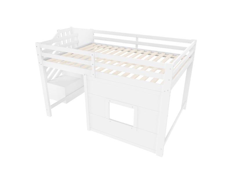 Lit superposé 140x200 avec escalier de rangement et fenêtre blanc mdf pin led sommier 15 lattes Sol Morn - Conforama A